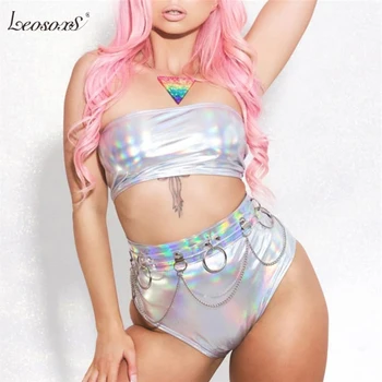

Holographic Two Piece Set Strapless Backless Crop Tops Elastic Waist Panty Summer Night Party Clubwear 2 Piece Outfits Women