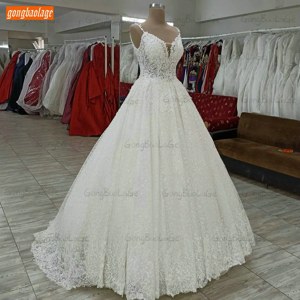 Ivory Lace Wedding Dresses Spaghetti Straps Robe Mariage 2021 Cinderella Ball Gown Bridal Dress Court Train Vestido De Casamento plus size wedding dresses