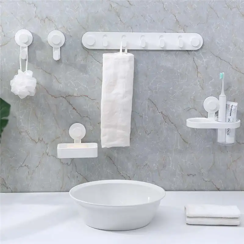 

QUANGE WY020501 6Pcs/set Suction Cup Bathroom Set Vacuum Adsorption Hook Storage Rack for Bathroom Kitchen Multifuction