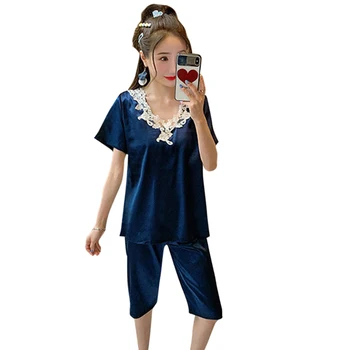 

Pajamas Women Summer New Short-sleeved Summer Ice Silk Imitation Silk Suit Two Pieces Of Casual Home Wear