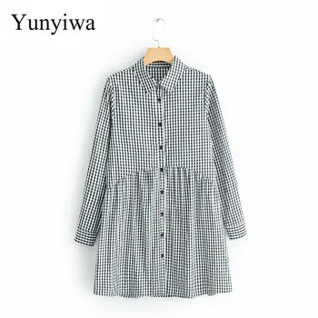 

2020 new women vintage plaid printing shirtdress casual slim dress female pleats patchwork vestidos chic business dresses