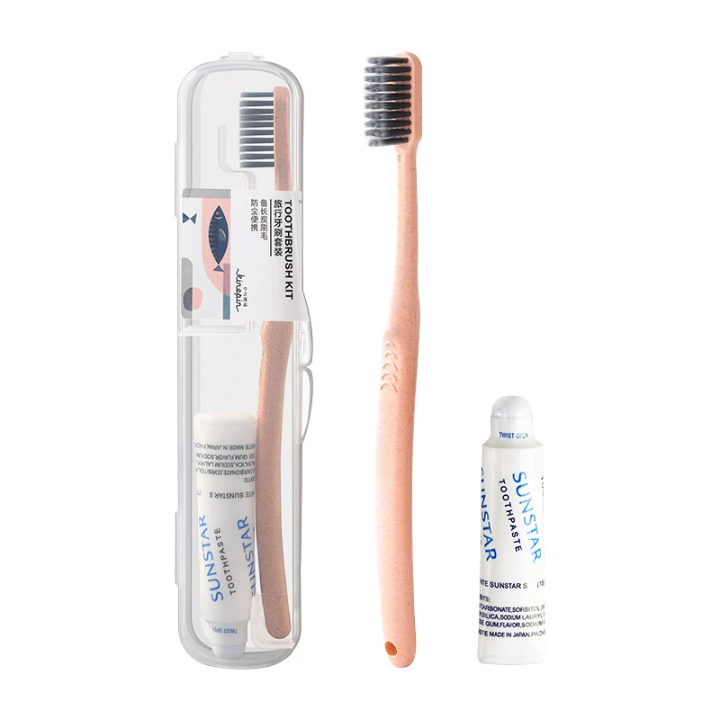 KINEPIN Toothbrush With Toothpaste Kit Binchotan Infused Floss Wheat Straw Handle Convenient Plastic Travel Teeth Clean Tool