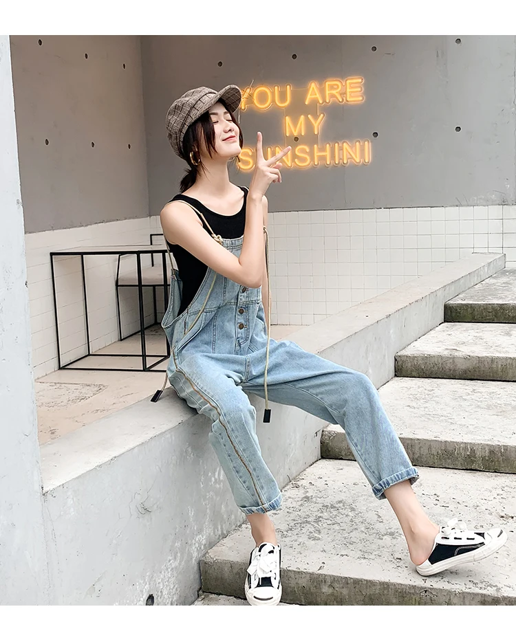New Stylish Casual Loose Vintage Women Denim Overalls Scratched Washed Girl Full Lengt Pants Female Jumpsuits