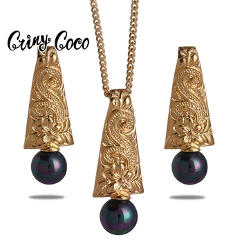 Cring Coco Hawaiian Polynesian Jewelry Sets Pink Gray Brown Pearl Geometric Samoa Earings Necklace Earrings Set for Women 2021