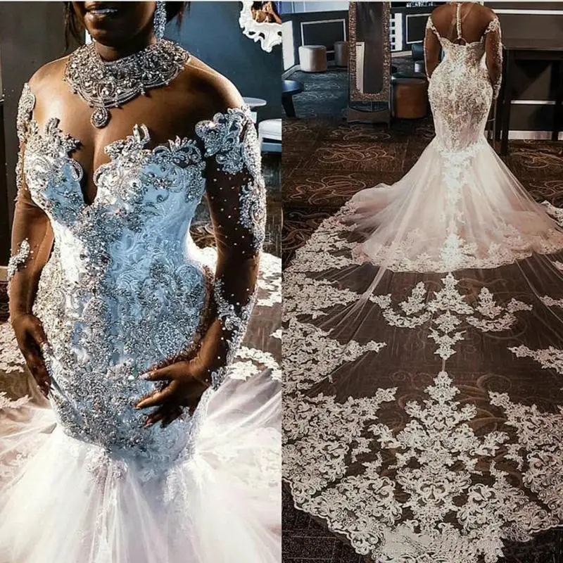 

Sheer Long Sleeves Mermaid Dresses Lace Applique Beaded Crystals Wedding Bridal Gowns Custom Made