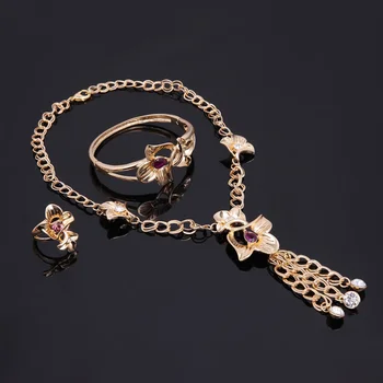 

4Pcs Women Purple Rhinestones Flower Tassels Necklace Earrings Bracelet Ring Jewelry Set