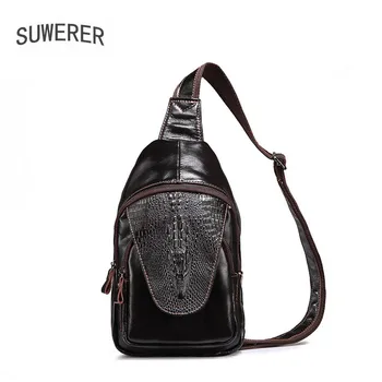 

SUWERER New Leather cowhide men's chest bag casual crocodile pattern chest bag men's bag crossbody bag