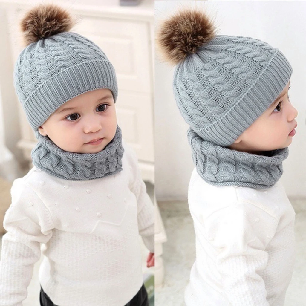 0-3 Ages Unisex Baby Knit Hat Scarf Warm Winter Pom Pom Boy Girl Beanie Cap Girls Boys Elastic Beanies Autumn Winter