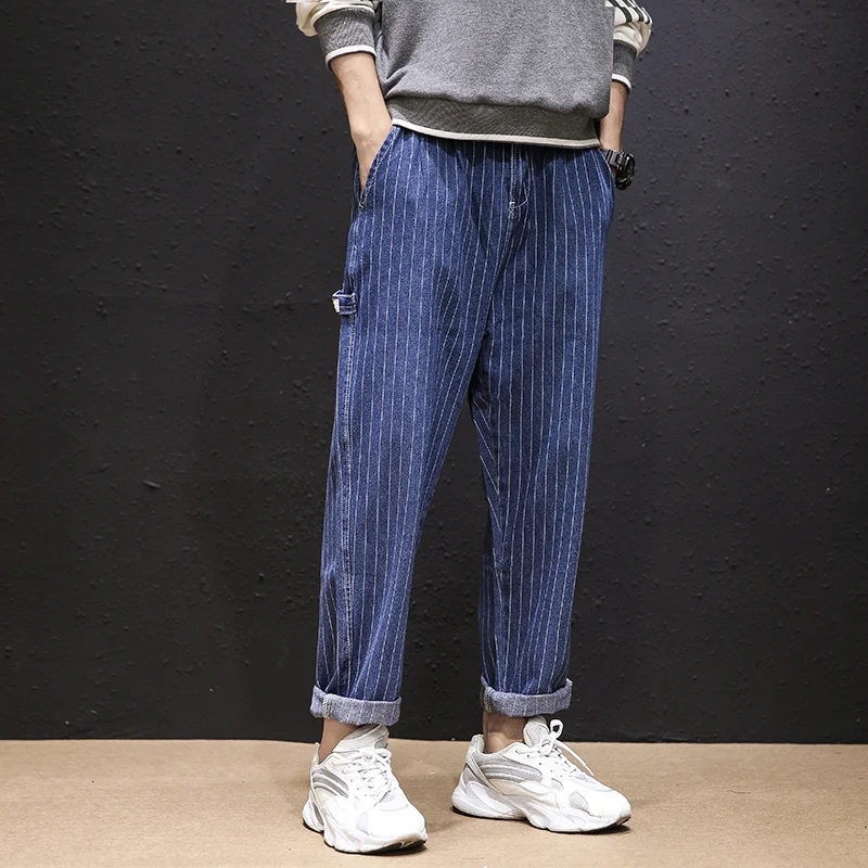 Japanese Autumn New Korean Version Of The Large Size Loose Vertical Striped Tooling Casual Jeans - Цвет: blue