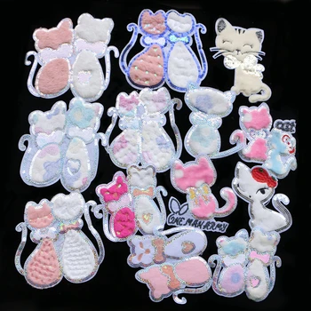 

Cartoon Color flannel Patch Cat Sequins icon Embroidered Applique Patches For kawaii clothes DIY Iron on Badges on a backpack