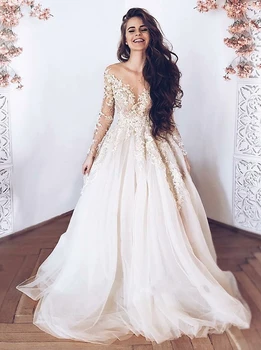 

Robe de Mariee Wedding Dresses Glamorous Long Sleeves Tulle 2020 Bridal Gown V-Neck Lace Appliques Princess Wedding Dress