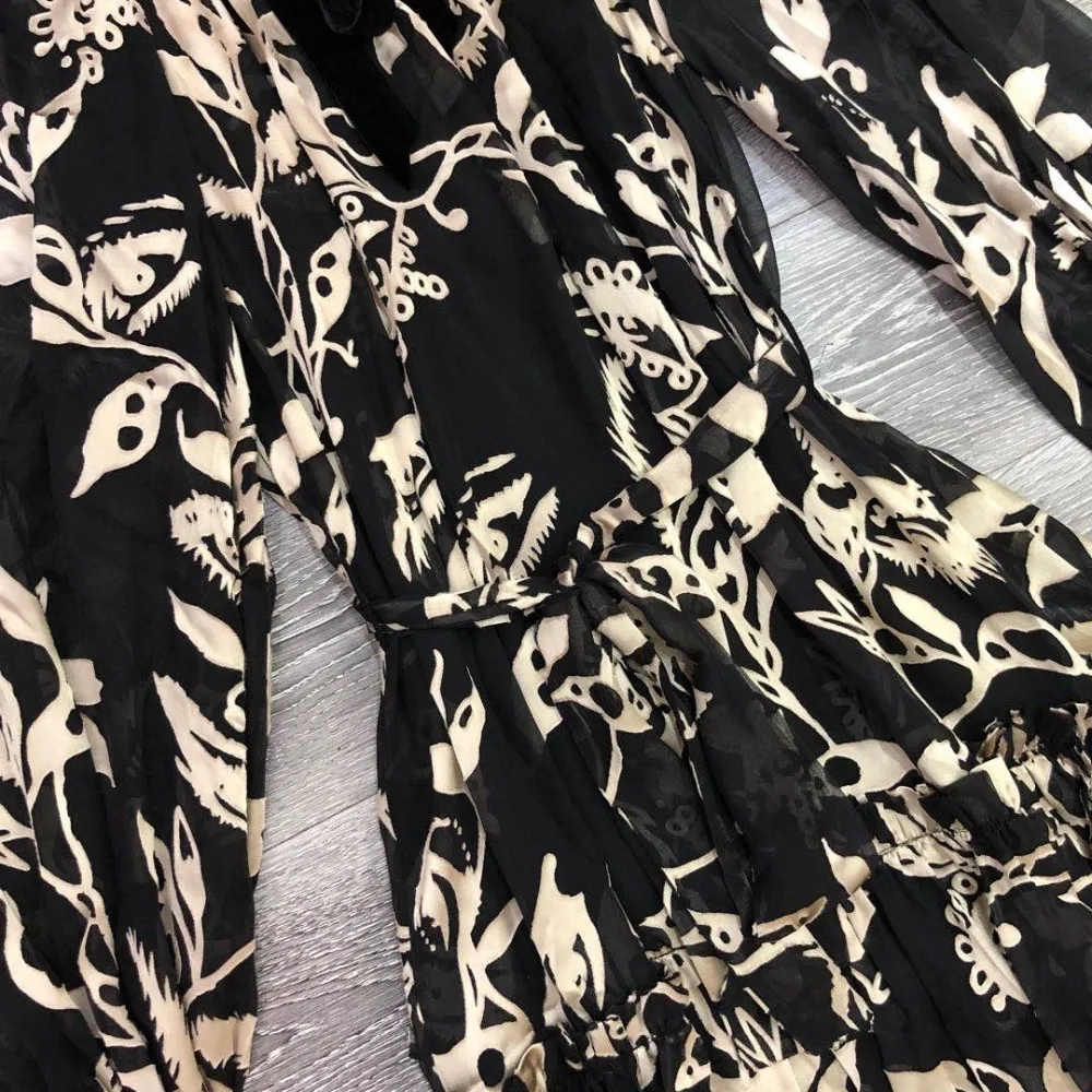 2020 Autumn New Black Printed Half High Neck Velvet Lace Long Sleeve Women Dress