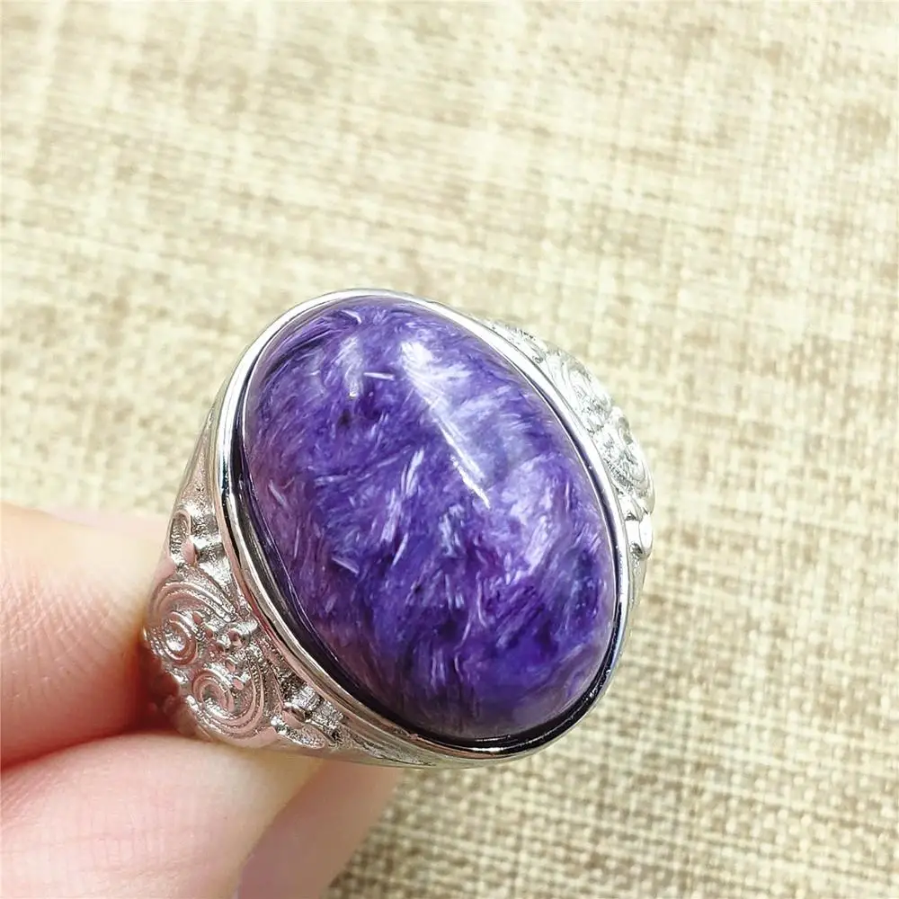 Genuine Natural Purple Charoite Crystal Women Men Adjustable Ring Silver 17x12mm Beads Lucky Love Gift Fashion Jewelry AAAAA