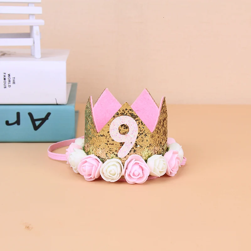 Pink 9 Baby Girl Boy One 1 2 3 4 5 6 7 8 9 years old hat crown headbands decoration For children birthday party decorations - Цвет: Pink 9