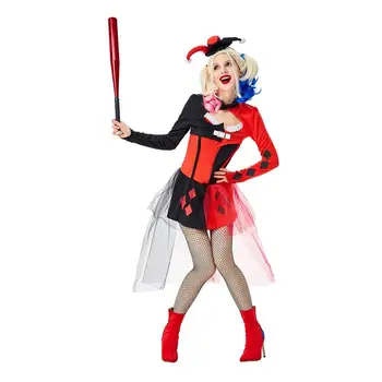 

Women Clown Costume Halloween Fancy Dress Purim Cosplay Party Outfits Carnival Clothing for Adults Role Play Game Black Red Suit