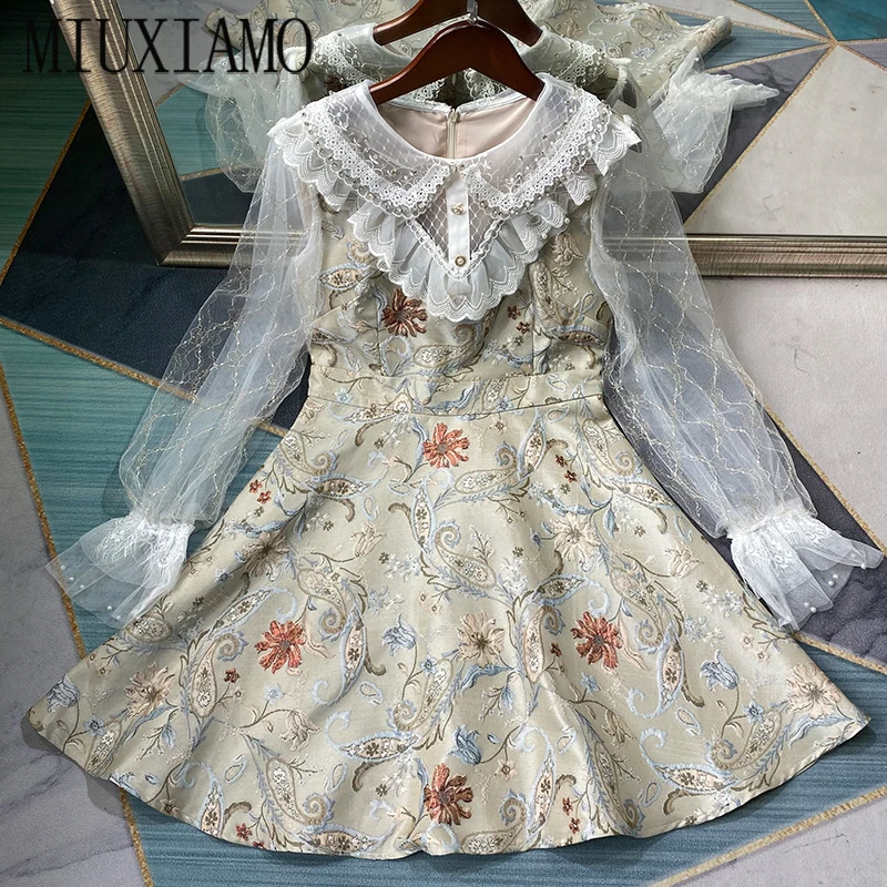 

MIUXIMAO 2021Spring Summer Party Dress Lace Embroidery Long sleeve Jacquard Diamonds Office Lady Casual Dress Women Vestidos