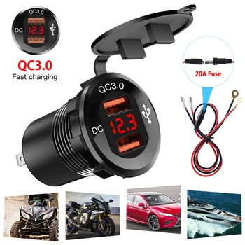 

High Quality Aluminum Alloy Fast Charger QC 3.0 Dual USB with Voltmeter Car Charger Adapter 60cm Line Interior Accessories 0709