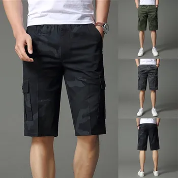 

Men Shorts High Waist Elastic Waist Multi Pocket Cropped Cotton Shorts Overalls Summer Шорты Мужские Летние Bermudas Masculina