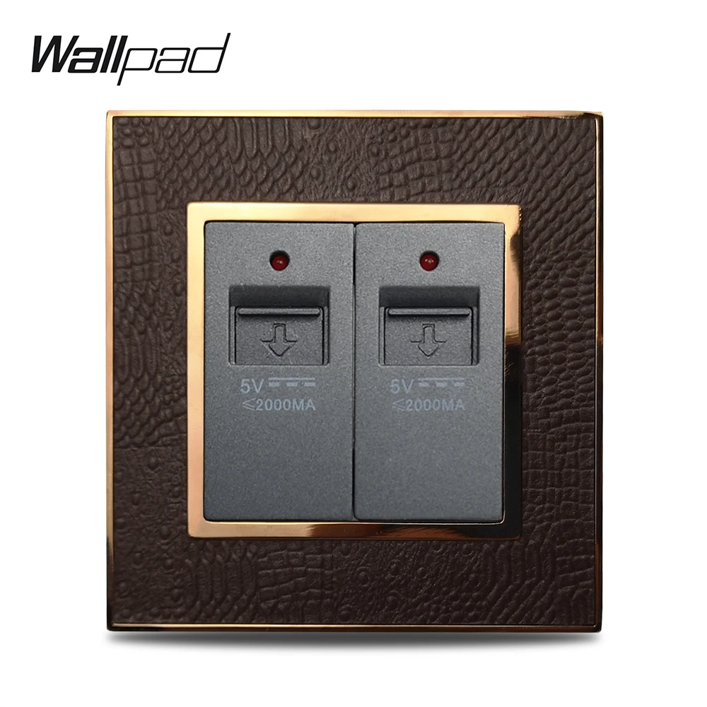 

Hot Sale 2 USB Socket Charger Wallpad Luxury Leather Panel Silver Gold Frame Wall Electric Outlet 5V 2000mA