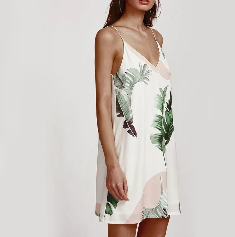 White Beach Cami Summer Dress Women Printed Palm Leaf Double V Neck Casual Dresses Shift Sexy Sleeveless Holiday Dress