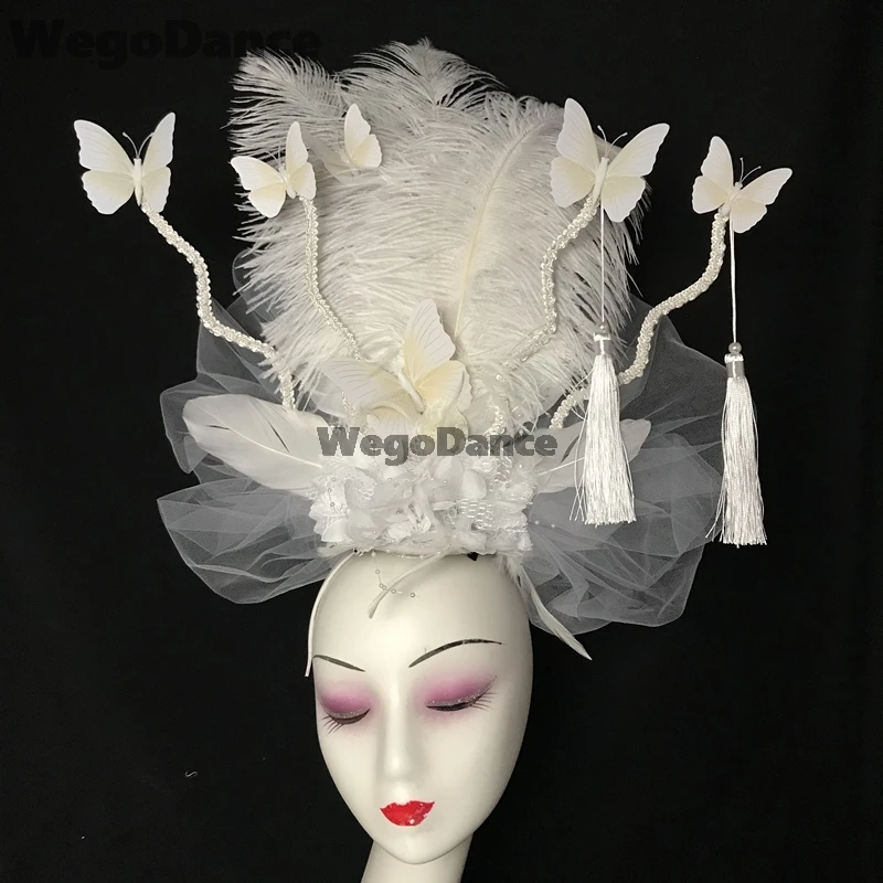 

White Flower Feather Chinese Style Headdress Model Catwalk Stage Creative Shape Headwear