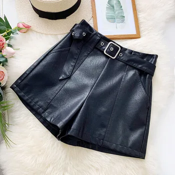 

2020 Autumn & Winter New Arrival Leather Shorts High Waist Fashion A-line Wide Leg Wild Black Shorts PU Leather Free Shipping