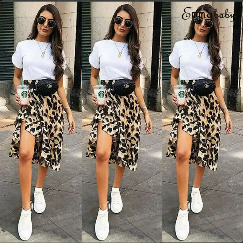 Women High Waisted Stretch Leopard Skirt