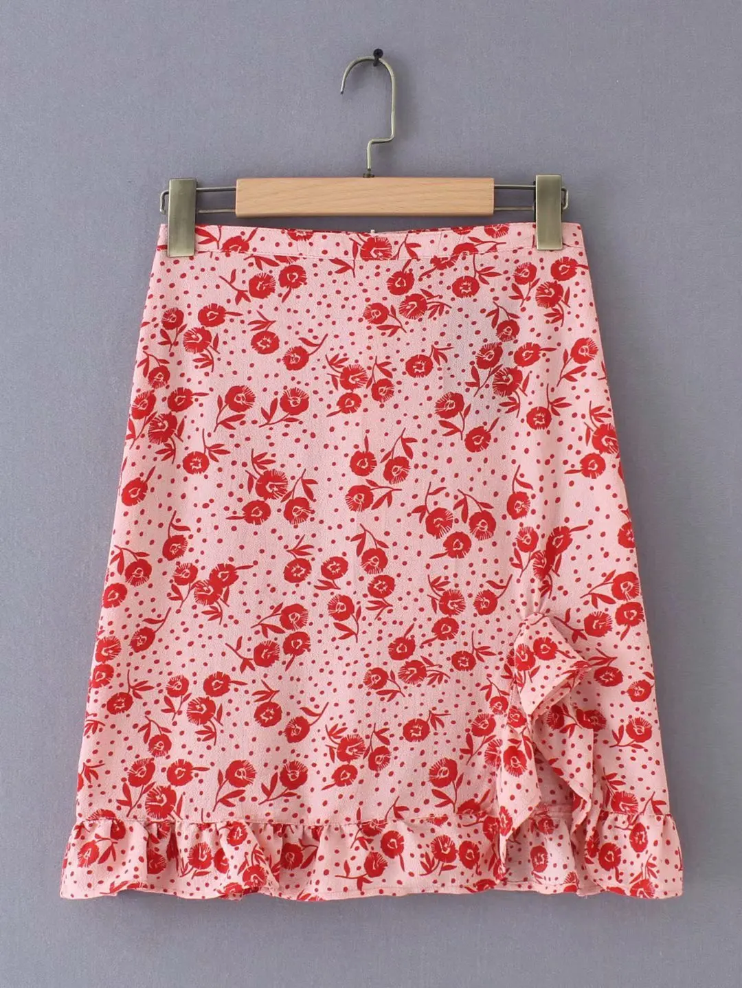 

2019 Spring Europe And America WOMEN'S Dress New Style Crimson French Non-mainstream Printed Flounced Skirt 1248