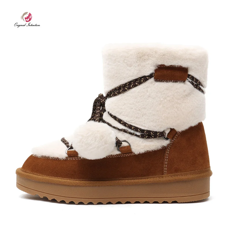 

Original Intention Winter Warm Ankle Snow Boots Woman Faux Fur Round Toe Flats Black Brown Comfortable Shoes Woman Keep Warm