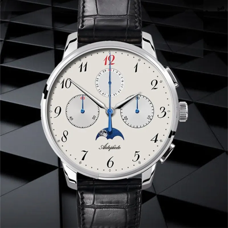 

Aidophedo Men Chronograph Watch Pilot Seagull st1908 Gooseneck fine tuning Moon Phase Mens Mechanical Watches Calendar