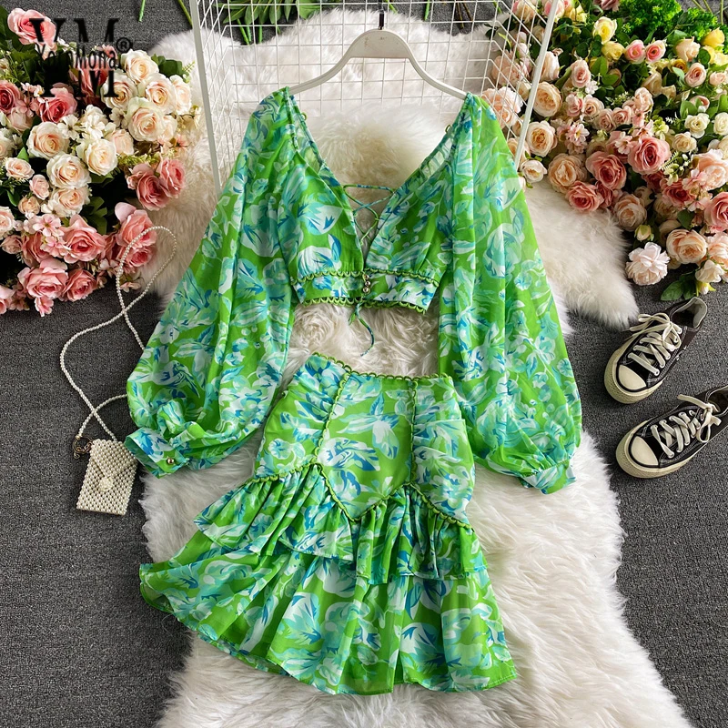 Spring Summer Floral Print Two Piece Set Chiffon Dress 2021 Sexy Bandage Backless Crop Top Mini Mermaid Dress Green Boho Outfit dual strap crinkle ethnic print boho cheeky bikini set s green