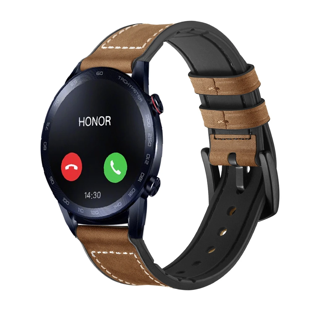 02 Для huawei Honor Magic Watch, 2 ремешка, 22 мм, высококачественный силикон+ натуральная кожа, Ремешки для наручных часов, браслет, сменный ремешок для часов - Цвет: 02