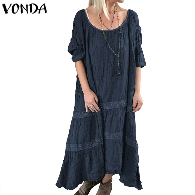 VONDA женское платье с коротким рукавом и круглым вырезом, однотонное Хлопковое платье, свободное платье с рюшами, длинное платье, вечерние платья для беременных