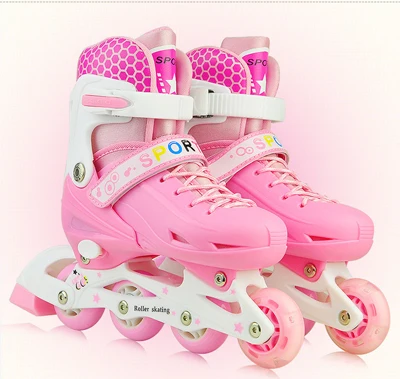 Pink L EUR 39-42 Для детей и подростков, подшипники для роликовых Инлайн Коньков обувь для роликов, скейтборда шлем коленей Шестерни Регулируемый мигающие ПУ колеса 2 цвета - Цвет: Pink L EUR 39-42