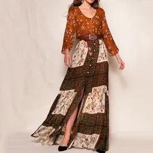 Verano estampado de moda vestido largo bohemio mujer Floral Patchwork Casual playa Maxi vestidos Sexy Split Vacaciones Viajes Boho 2020(China)