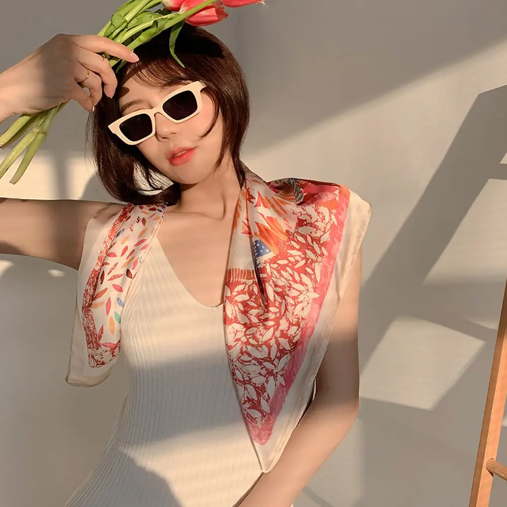Retro Head Neck Silk Scarf Women Luxury Print Small Scarves Female Flower Stripe Wave Point Headscarf Beach Sunscreen Scarf,scarf accessories