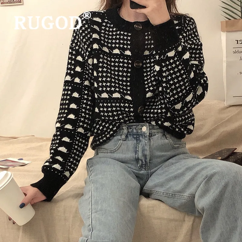 RUGOD зимний женский свитер 2019 круглый вырез Черный винтажный узор кардиганы