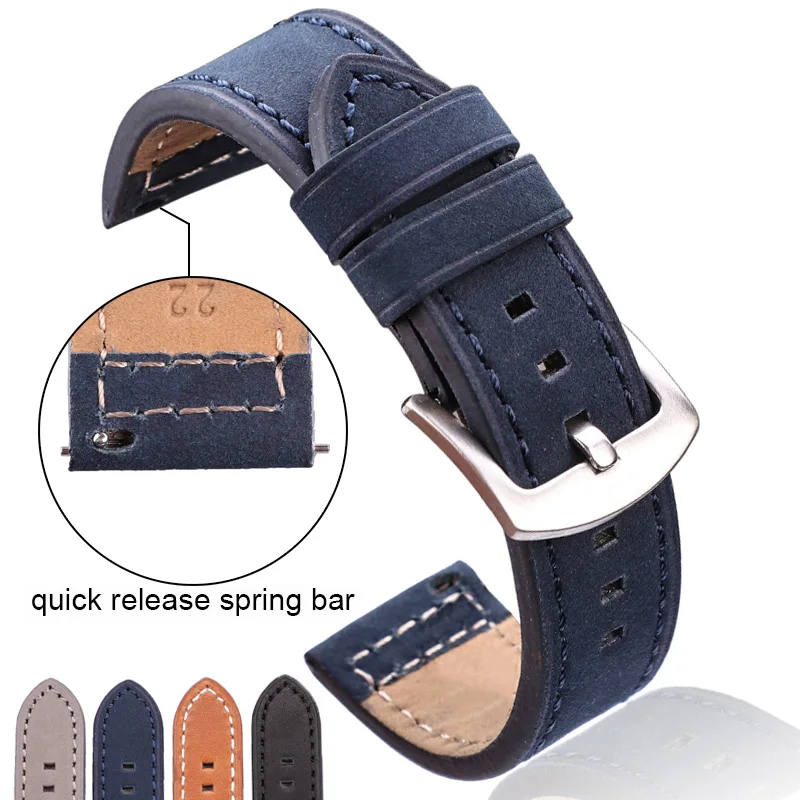 Bracelet Watch-Strap Wrist-Band Black Cowhide Blue Women 24mm 18-20mm Genuine-Leather