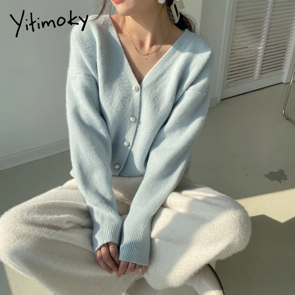 Женский трикотажный кардиган Yitimoky однотонный Повседневный однобортный