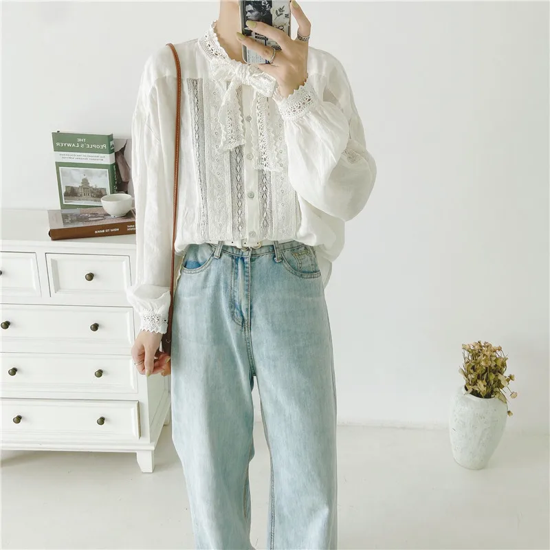 Johnature 2020 New Vintage Linen Bow Collar Hollow