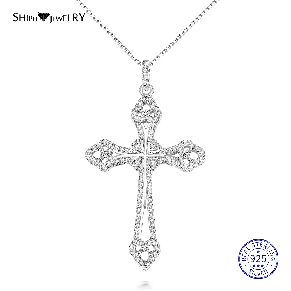 White Gold Shipei стерлингового серебра 925 ювелирные изделия розовое золото желтый золотой белый сапфир нательный крест на цепочке ожерелье для женщин мужчин - Цвет камня: White Gold