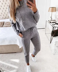 Spring Autumn Women'sPlain Long Sleeve Top & Drawstring Pants Set Femme Casual Wear Ladies Sport Outfits 2021 New Hot Sale