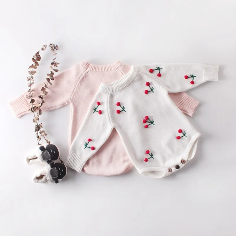 Baby Girl Romper Autumn Newborn Baby Romper Long Sleeve Knitted Baby Clothes Cotton Cherry Infant Baby Jumpsuit Girl Clothes