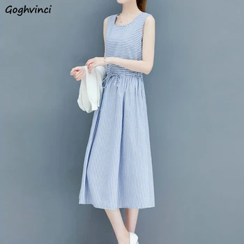 

Sleeveless Dress Women Bow Striped Pleated Loose Large Size 3XL Trendy Ulzzang Slim Two Pieces Summer Elegant Daily Office Lady