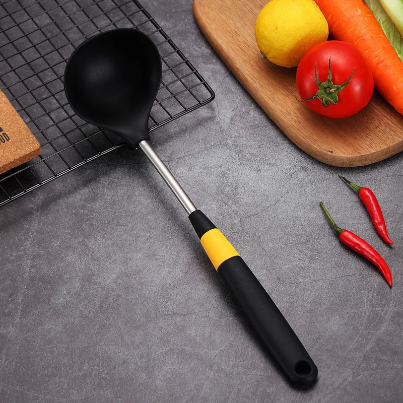 Round Silicone Soup Spoon Stainless Steel Handle Ladle Heat Resistant Porridge Soup Spoon Mixing Serving Kitchen Utensils