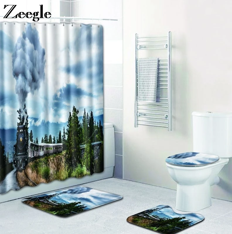 Zeegle 4pcs Bath Mat Set and Shower Curtain with Hooks Anti Slip Toilet Pedestal Rug Absorbent Soft Foot Mat Washable Toilet Set