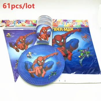 

Spiderman Theme 61pcs/lot Cartoon Baby Shower Child Boy Birthday Party Paper Cup Plate Tablecloth Flags Party Supplies