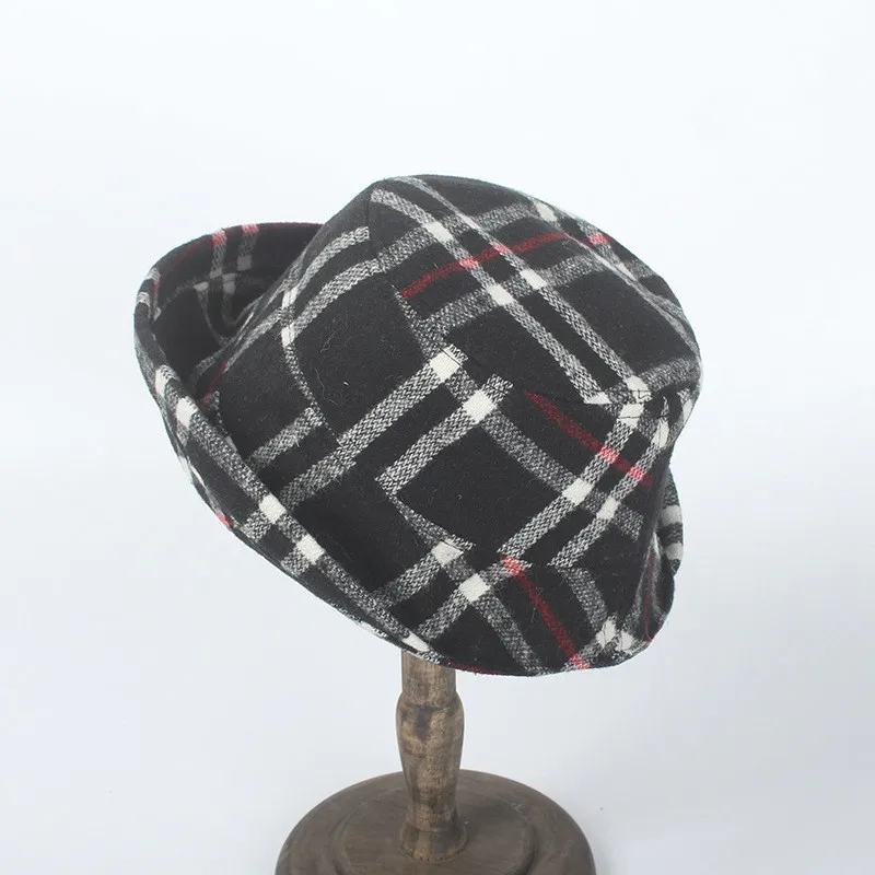 

Lattice Woolen Cloth Winter Bucket Hat For Women Girl Solid Thickened Soft Warm Fishing Cap Outdoor Vacation Hat Cap Lady Panama