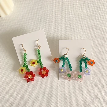 

AOMU 2020 Korea Spring Handmade Braided Colorful Crystal Bead Fruit Flower Long Tassel Drop Earrings for Women Jewelry Gifts
