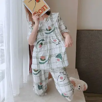 

Women Pajamas Set Cute Printed Short-sleeved Tops and Pants Home Clothing Loose Two-piece Sleepwear